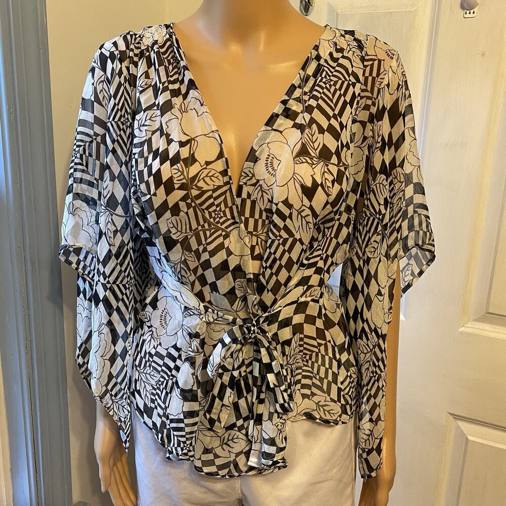 Vintage Edward Silk Kimono Wrap Top Blouse Black White Floral Fairy Goth Women L